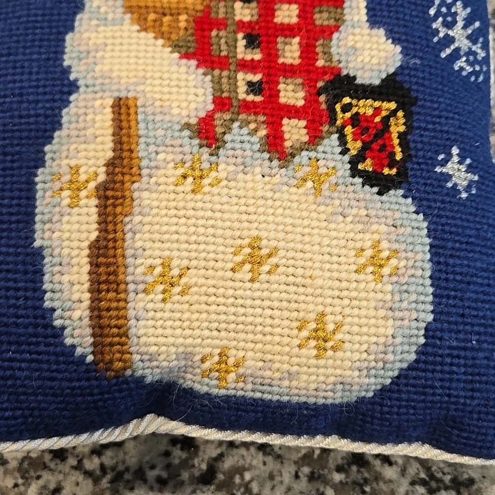 VTG CHRISTOPHER RADKO CROSS-STITCH/NEEDLEPOINT MINI SNOWMAN PILLOW.